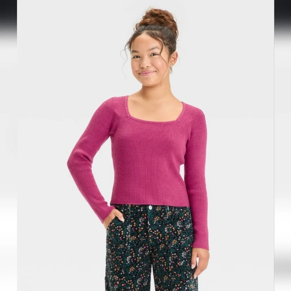 Girls' Ribbed Square Neck Sweater - art class Berry Red S(6/7)